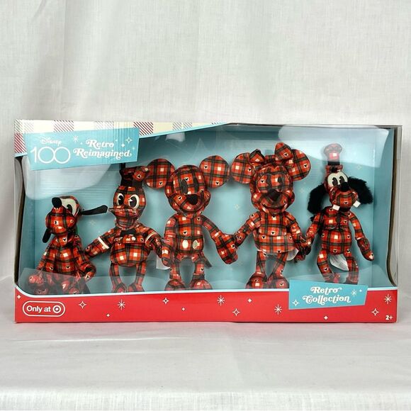 Disney Retro Plaid Fleece Plush Collector Set of 5 Fab 5 Mickey Mouse New - Picture 3 of 12